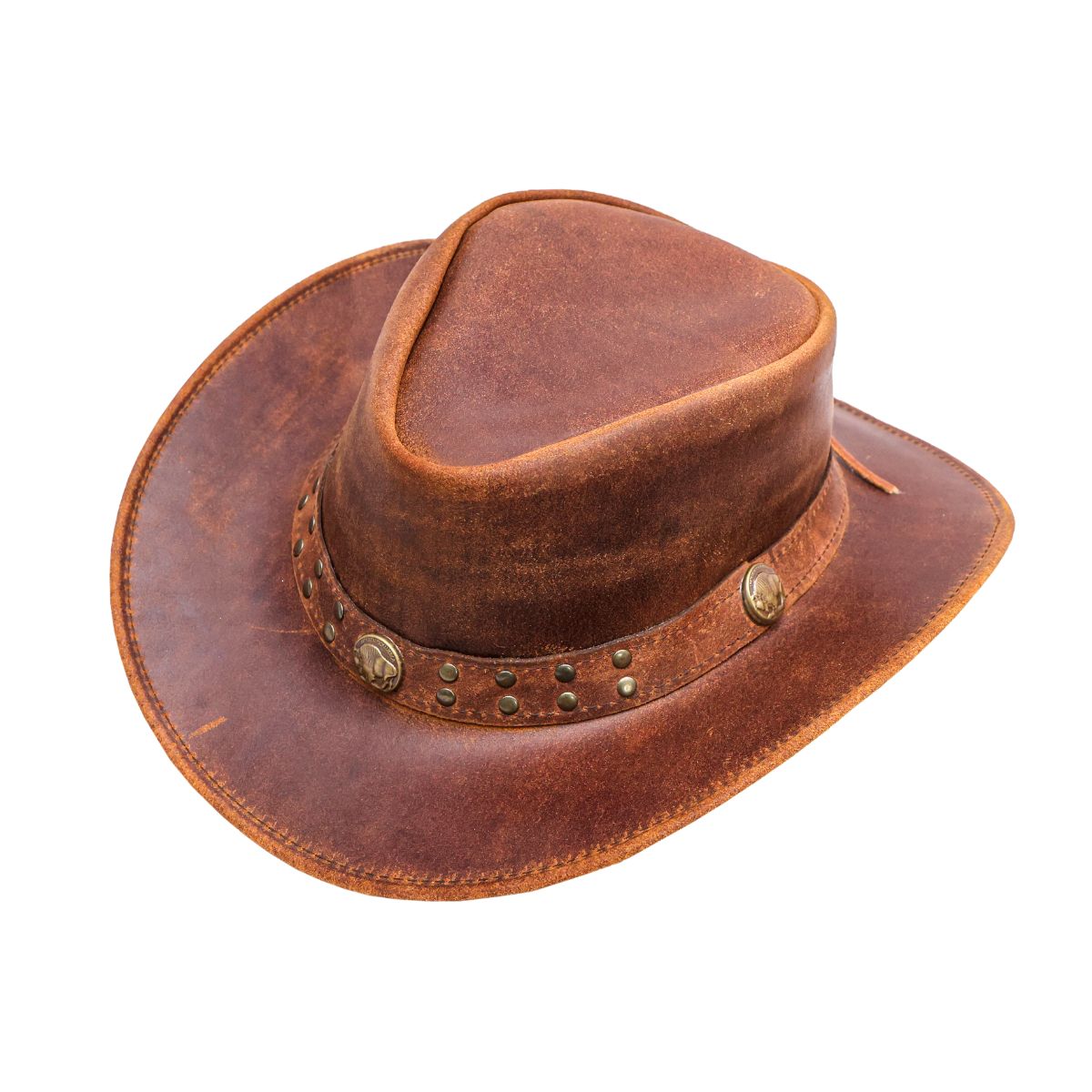 Brown Studded Leather Cowboy Hat – Genuine Cowhide Western Wide Brim Rodeo Hat for Men & Women - Image 2