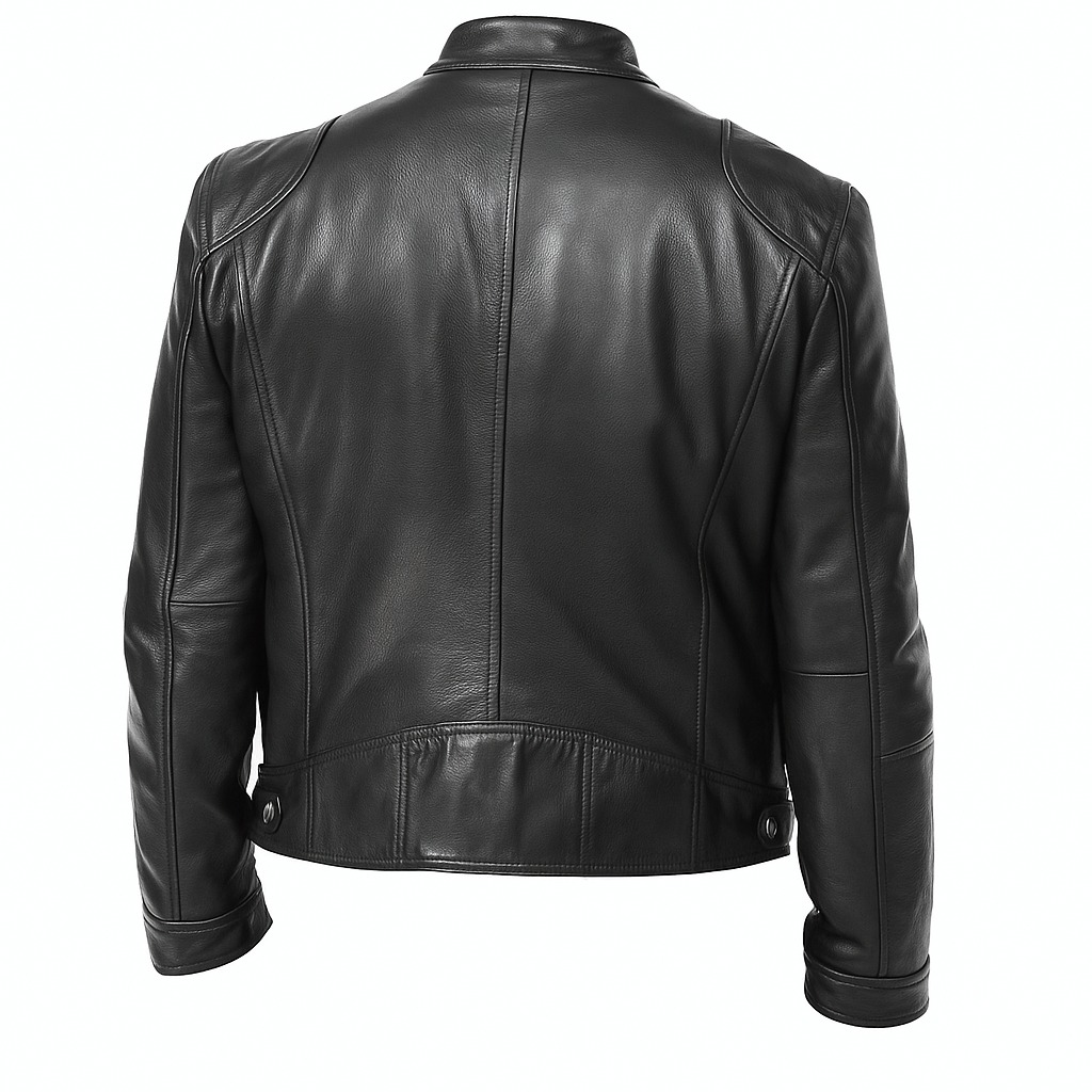 Men’s Cafe Racer Motorcycle Leather Jacket Genuine Sheepskin Black Biker Slim Fit Stand Collar Jacket - Image 3