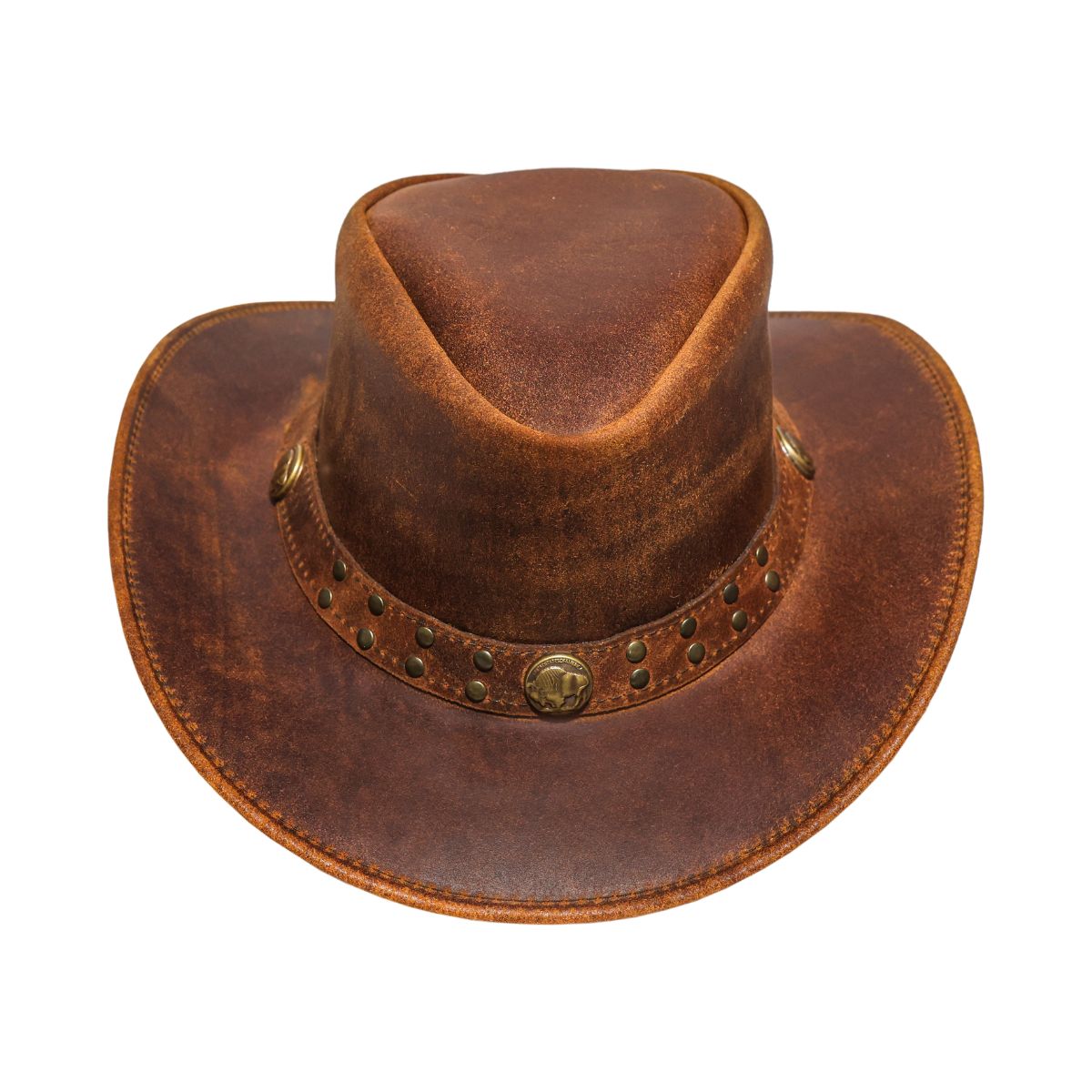 Brown Studded Leather Cowboy Hat – Genuine Cowhide Western Wide Brim Rodeo Hat for Men & Women
