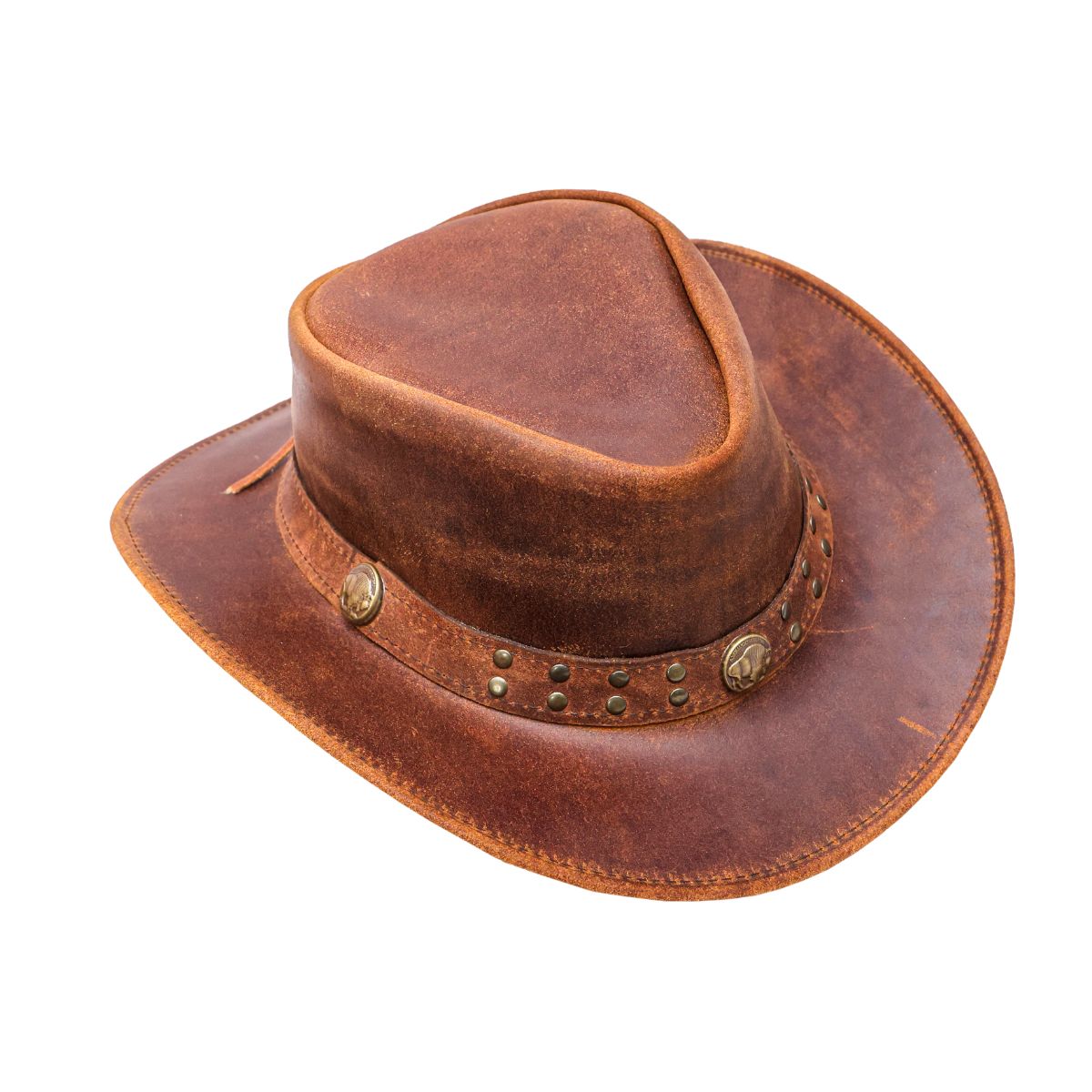 Brown Studded Leather Cowboy Hat – Genuine Cowhide Western Wide Brim Rodeo Hat for Men & Women - Image 3