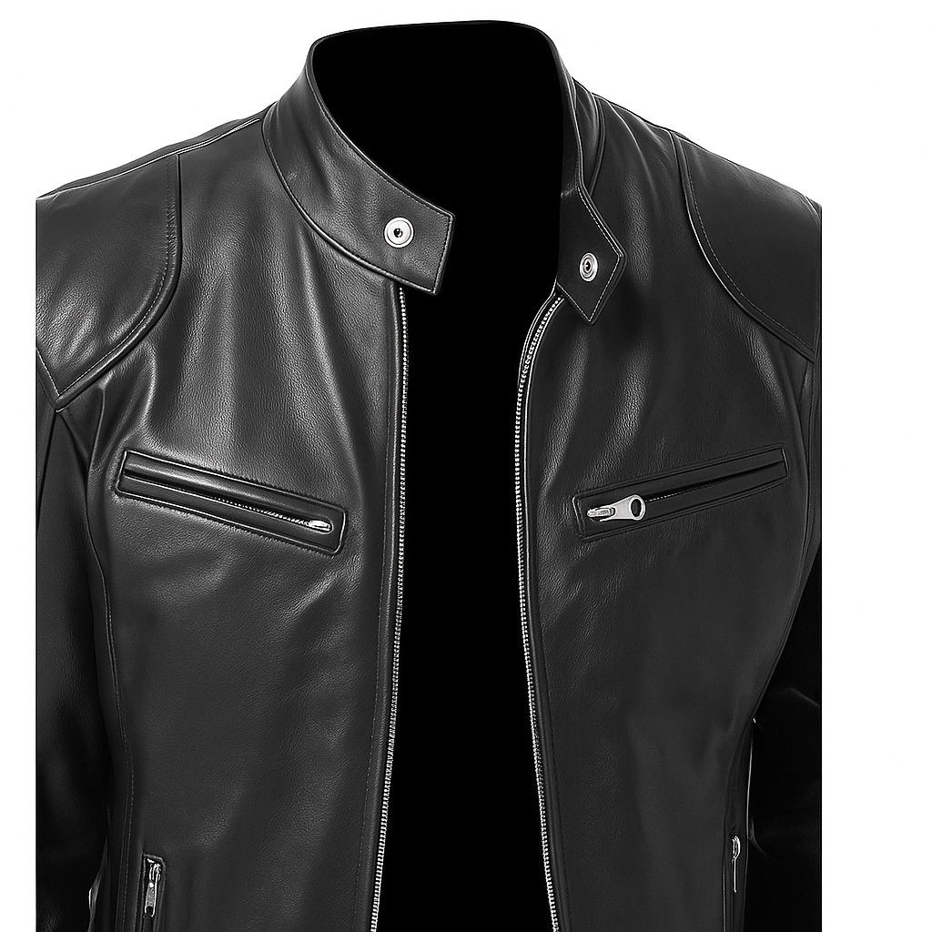 Men’s Cafe Racer Motorcycle Leather Jacket Genuine Sheepskin Black Biker Slim Fit Stand Collar Jacket - Image 2